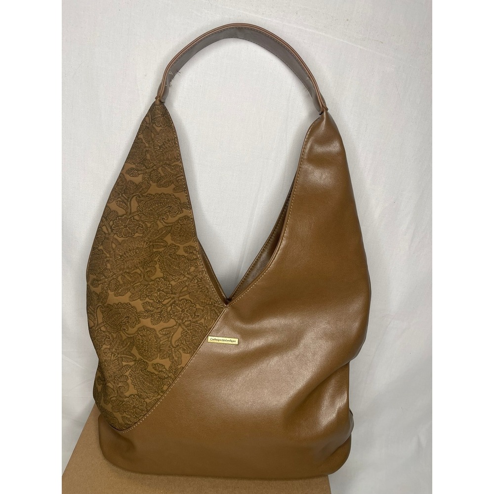 Catherine Malandrino Tan Brown Embroidered Floral Faux Leather Hobo Shoulder Bag